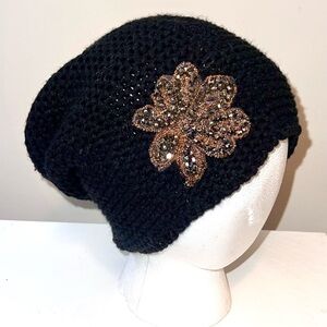 Mixit Black Knit Beanie with Sparkling Floral Accent